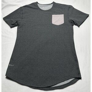 BYLT Black Drop Cut Lux Shirt Grey Pocket Short Sleeve Crew Neck Gym Mens Small
